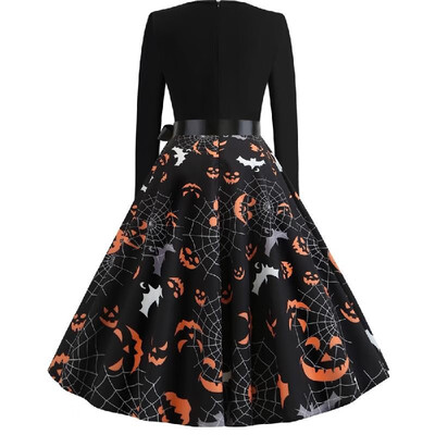 

Y4075 Cross-border Halloween womens autumn&winter round neck long-sleeved spider web printing with black ribbon big swing ski