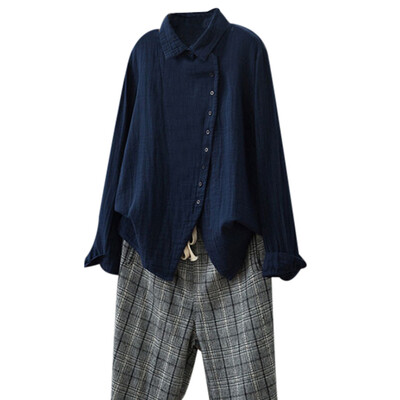 

Nomeni Women Retro Long Sleeve Plus Size Solid Casual Loose Button Tops Blouse Shirt