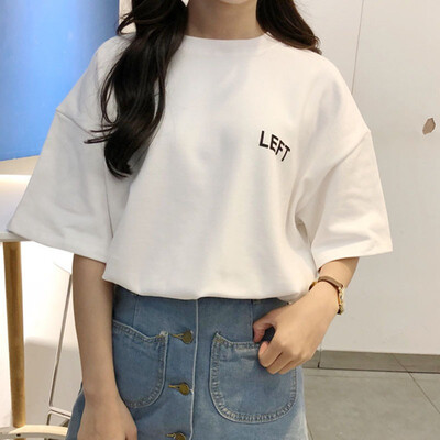 

Womens T-shirt Summer Letter Tee Basic Shirts Women Solid O-Neck Short Sleeve Long Casual Female Woman Tops