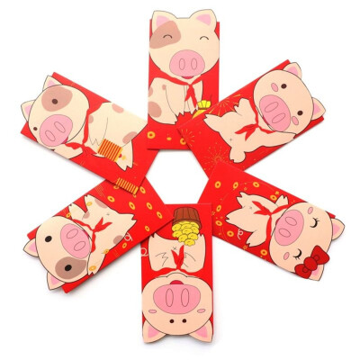 

〖Follure〗6pcsSet 2019 New Years Pig Year Cartoon Red Packets Hong Bao Lucky Money Bags