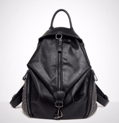 

women black travel real Leather messenger School bool backpack rucksack Bag