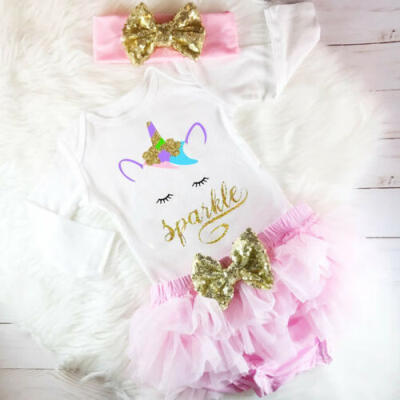 

Newborn Infant Baby Girls Outfit Clothes Tops Unicorn RomperSkirts Headband USA