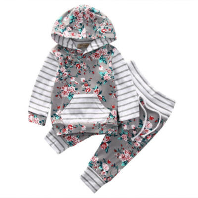 

2PCS Newborn Baby Boy Girl Clothes Hooded Sweater TopsFloral Pants Outfits Set