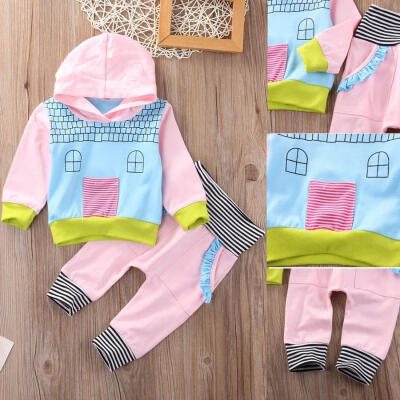 

Newborn Baby Girls Pink Hooded Coat TopsStripe Pants Leggings Outfits 2pcs Set