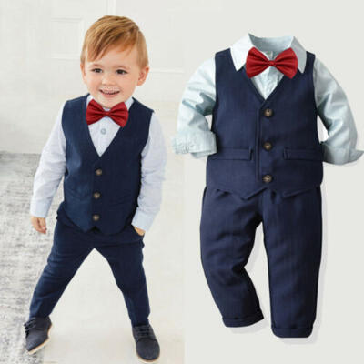 

4pcs Baby Boys Fall Winter Clothes Gentlemen Suit TopPantsVestBow Tie Outfits