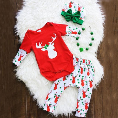 

Christmas Newborn Baby Boy Girl Tops Romper Pants Hat 3Pcs Outfits Set Clothes