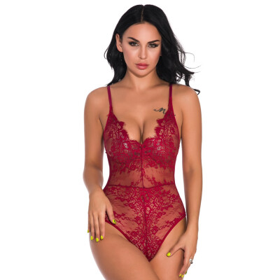 

Toponeto Swxy Women Eyelash Lace V-Neck One Piece Teddy Lingerie Jumpsuit Bodysuit -2XL