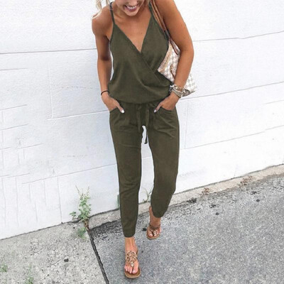 

Cross-border hot sale explosions 2019 spring&summer fashion casual belt pocket backless sling female jumpsuit 101043 black