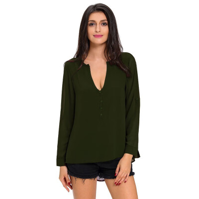 

Deep V-neck long-sleeved shirt button fashion T-shirt casual street top