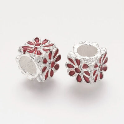 

Alloy Enamel European Beads Large Hole Beads Cube with Flower Pattern Silver Red 8x8x8mm Hole 5mm