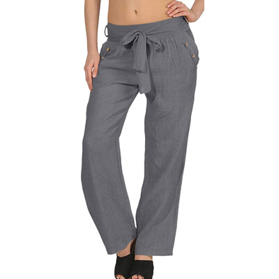

Womens Casual Pants High Waist Strap Pants Solid Color Button Wide Leg Pants