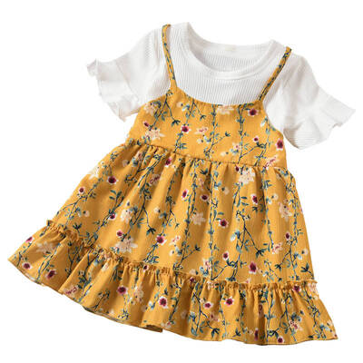 

Summer Baby Girl Princess Dress Fake 2 Piece Toddler Floral Pattern Short Sleeve Cotton Dresses