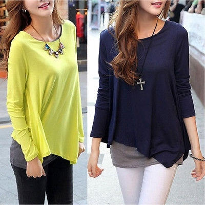 

2015 New Summer Womens False Two Piece Asymmetric Ruffles Blouses Crew Neck Long Sleeve Shirt