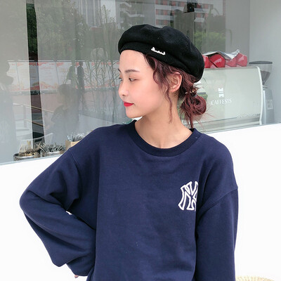 

Hat women 2019 autumn&winter new wool berets Korean alphabet embroidery painter hat Joker England newsboy hat