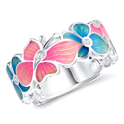 

New 925 Sterling Silver Butterfly Flower Rings Diamond Multicolor Enamel Ring Women Party Wedding Jewelry