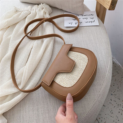 

Summer PU stitch saddle women messenger bag 2019 semi-circle candy color handbag straw woven female beach shoulder crossbody bag
