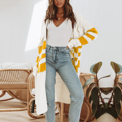 

Tailored Women Fashion Casual Stripe Open Front Long Sleeve Knit Sweater Cardigans Coat