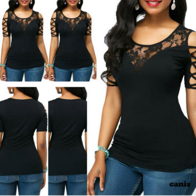 

Womens Casual Black Lace Crop Top Banadge Short Sleeve Tank Top Blouse T-Shirt