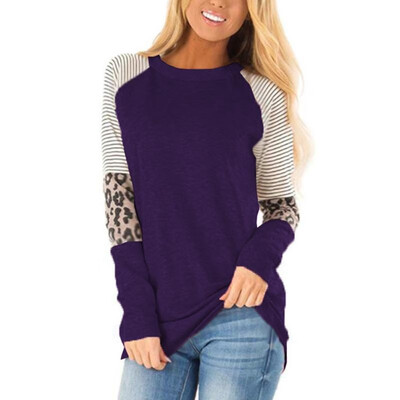 

Fashion Women Autumn Splicing Longline T-Shirt Striped Leopard Print O Neck Long Sleeve Casual Top