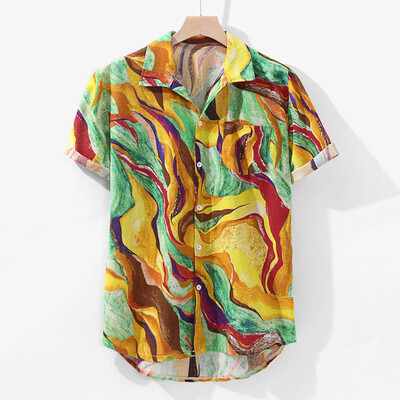 

Toponeto Mens Hawaiian Pocket Short Sleeve Round Hem Loose Shirts Print Linen Blouse