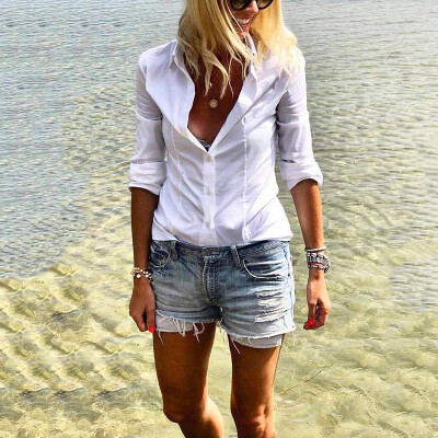 

Ladies Casual Button Down Solid Tops Beach Long Sleeve Summer Lapel Collar Shirt