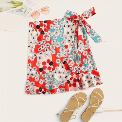 

Roseonmyhand Womens Casual Fit Flower Print Bandages Elegant Waist Mini Skirt