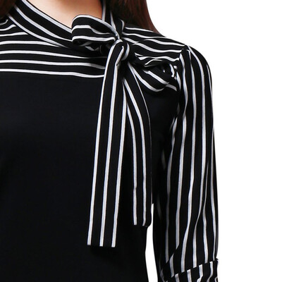 

Nomeni Women Tie-Bow Neck Striped Long Sleeve Splicing Shirt Blouse BK
