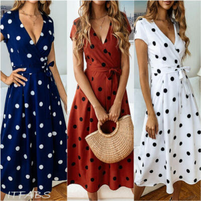 

Women Boho Short Sleeve Polka Dot V Neck Midi Dress Ladies Summer Wrap Dresses