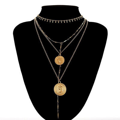 

Multilayer Carved Coin Choker Necklace Vintage Alloy Beads Angel Sun Flower Pendant Long Necklace Women Jewelry 2019