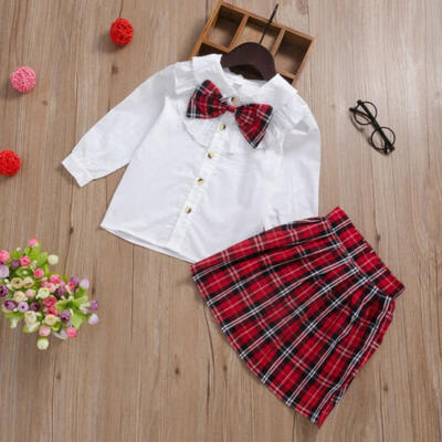 

UK Cute Baby Girl Kid Shirt Plaid Skirt Tie Studen Outfit Formal Clothes Top
