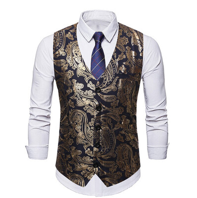 

Toponeto Mens Fashion Business Casual Gold Stamping Flower Printing Waistcoat Tops Vest