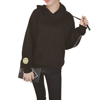 

Cute Women Hooded Hoodie Pullovers Casual Basic Coat 2018 Autumn Winter Pocket Printed Smile Face Sweatshirt White Black Tops