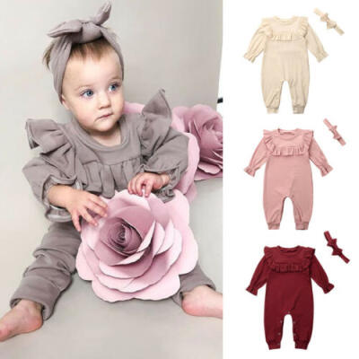 

UK Autumn Newborn Baby Girl Clothes Romper BodysuitHeadband Solid Outfit 0-24M