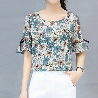 

Women Temperament Flower Print Chiffon Shirt Sexy Round Neck Short Sleeve Casual Tops