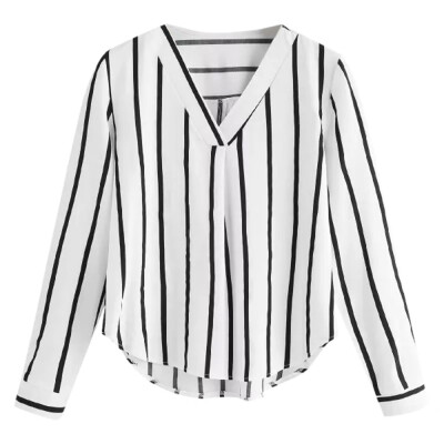 

Nomeni Women Casual Autumn Long Sleeve V Neck Irregular Stripe Shirt Blouse