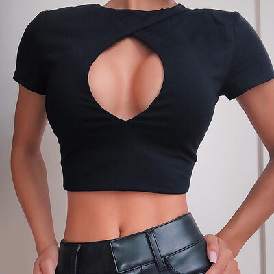 

Nomeni Sexy Women Hollow Out O Neck Short Sleeve Crop Top T-Shirt Blouse