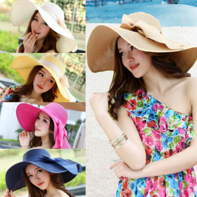

Fashion Womens Wide Large Brim Floppy Straw Cap Summer Beach Sun Hat Big Bow