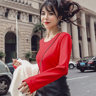 

Fashion Solid Colors Korean Style Women T-shirts O Neck Cotton Blend Tshirt Long Sleeve Sweet Loose T Shirt harajuku