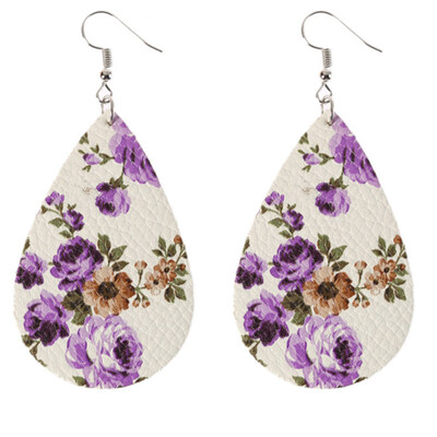 

Boho Women Floral Pattern Teardrop Dangle Faux Leather Hook Earrings Jewelry