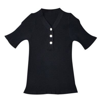 

Women Retro Solid Color V Collar Button Half Sleeve Casual Knit Pullover Loose Tops