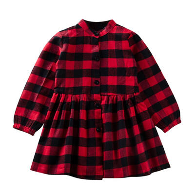 

Spring Plaid Girls Casual Long Sleeve Dress Button Lapel Children Clothes