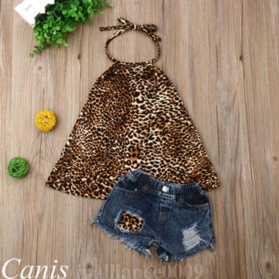 

UK 2Pcs Newborn Kids Baby Girls Leopard Print Tops Jeans Shorts Outfits Clothes