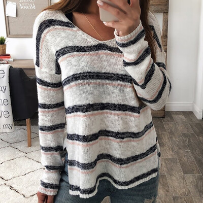 

Nomeni Women Ladies Sexy V-neck Stripe Long Sleeve Pullover Tops Knitting Shirt