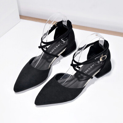 

Spring shoes 2019 new cross-strapped high heels hollow thick heels Korean version of the pointed spring single shoe girl