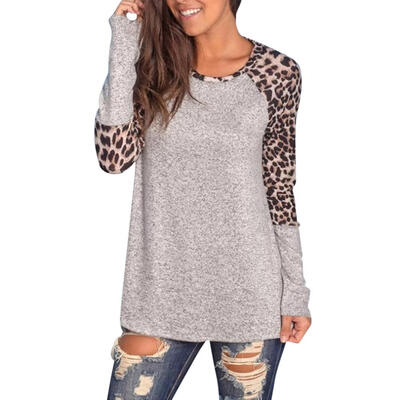 

Long Sleeve T-shirt Women Round Collar Casual Leopard Print Patchwork Tops