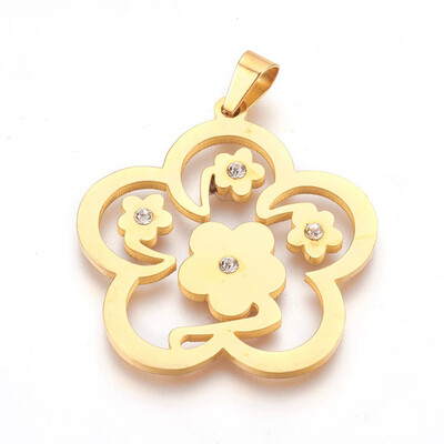 

304 Stainless Steel Pendants with Rhinestone Flower Clear Golden 43x40x3mm Hole 5x7mm