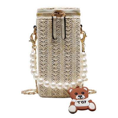 

Pearls Shoulder Messenger Handbags Women Straw Chain Crossbody Bucket Bags