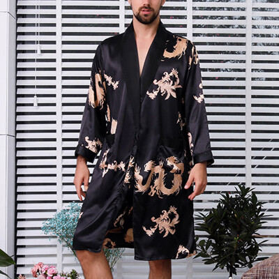 

Mens Dragon Kimono Chinese Men Faux Silk Robe Gown Bathrobe Dress Nightrobe