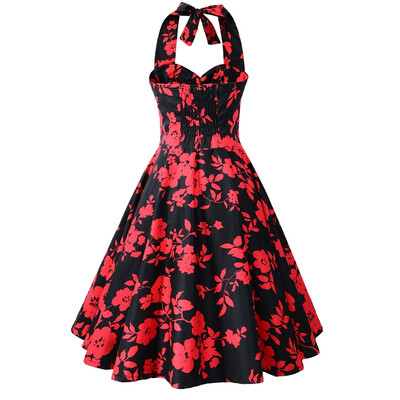 

Halter sexy halter black bottom red flower retro large dress