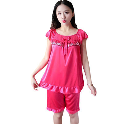 

Summer Thin Pijamas Women Lace Sexy Plus Size Plain Simulation Silk Spandex Tops Sleepwear Romantic Shorts Two Sets -XL